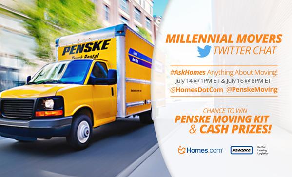 HomesDotCom's tweet image. Join us &amp;amp; @PenskeMoving for the #AskHomes Chat today at 1 PM EST! You could win some prizes! #MillMovers