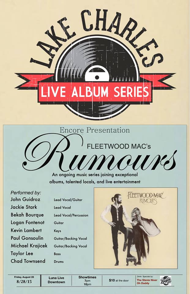 kbysfm's tweet photo. #TheLakeCharlesLiveAlbumSeries encore presentation of Fleetwood Mac's "RUMOURS" will be August 28th. #StayTuned #kbys http://t.co/smWCpZWvy6