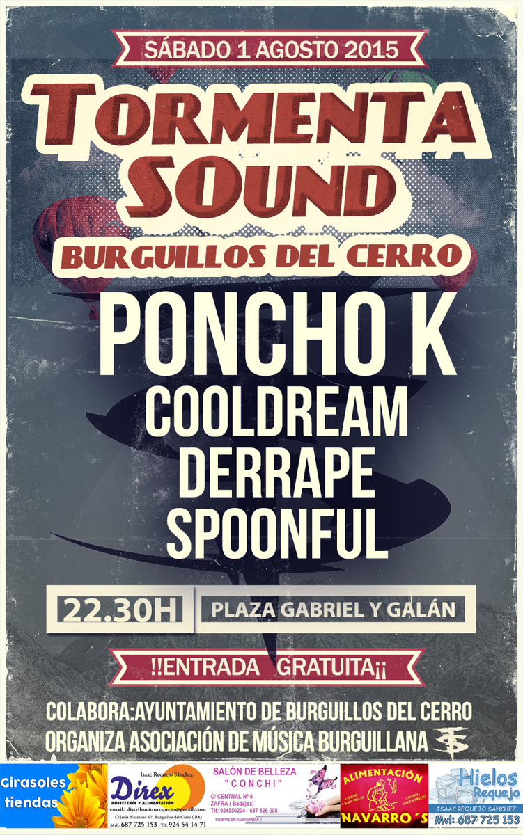 TormentaSound's tweet photo. Amigos, nos vemos el 1 de agosto en Burguillos del Cerro con @kPonchok @DerrapePopRock #spoonful #cooldream ES GRATIS http://t.co/k7QvqMBWlY