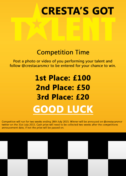 CrestaCarsMcr's tweet photo. COMPETITION! Enter for a chance to WIN £100 cash! See poster attached for more details! #prize #giveaway #competition http://t.co/xKh54trV7E