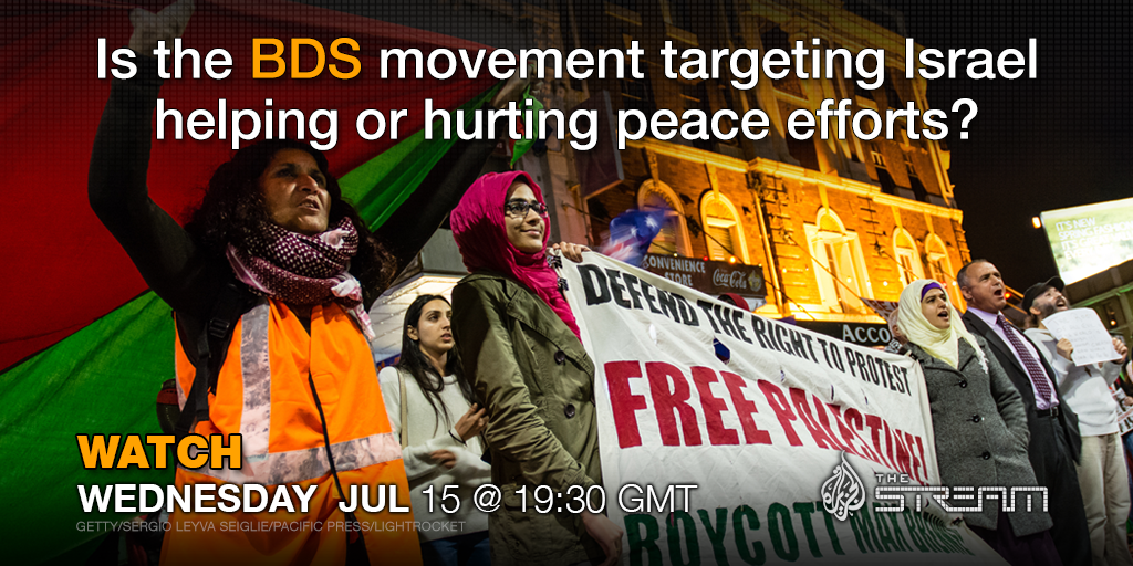 AJStream's tweet photo. On Wednesday: Is the #BDS movement targeting Israel helping or hurting peace efforts? #ajstream http://t.co/yJsuLx24DO