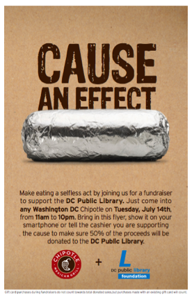 ZagatDC's tweet photo. Show this flier at any DC @ChipotleTweets till 10pm today & Chipotle will donate to @dcpl! #eatforgood #dclibraries http://t.co/FtDD0fQuFh