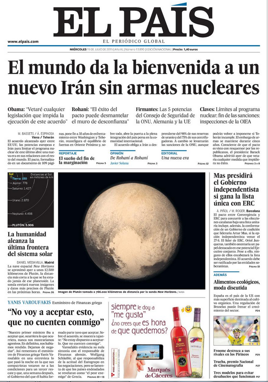 el_pais's tweet photo. Irán y EEUU alcanzan un pacto nuclear; la humanidad llega a Plutón y Froome se exhibe... http://t.co/HZqd7rn4Ii http://t.co/EJyPH3ogvW