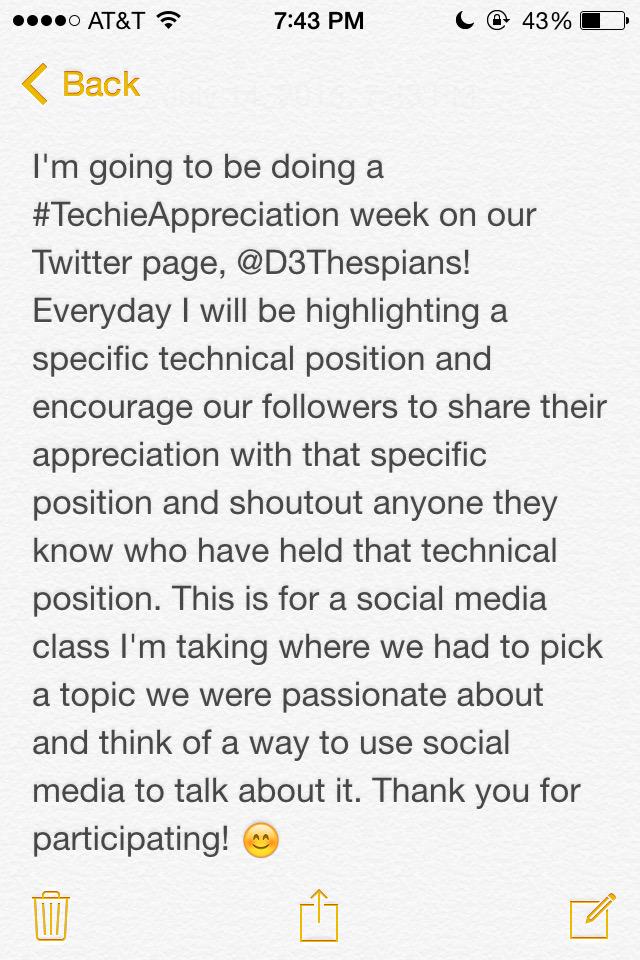 D3Thespians's tweet photo. Please RT and get ready for #TechieAppreciation week starting tomorrow! ππβ¨ http://t.co/5iD0LyE5rg
