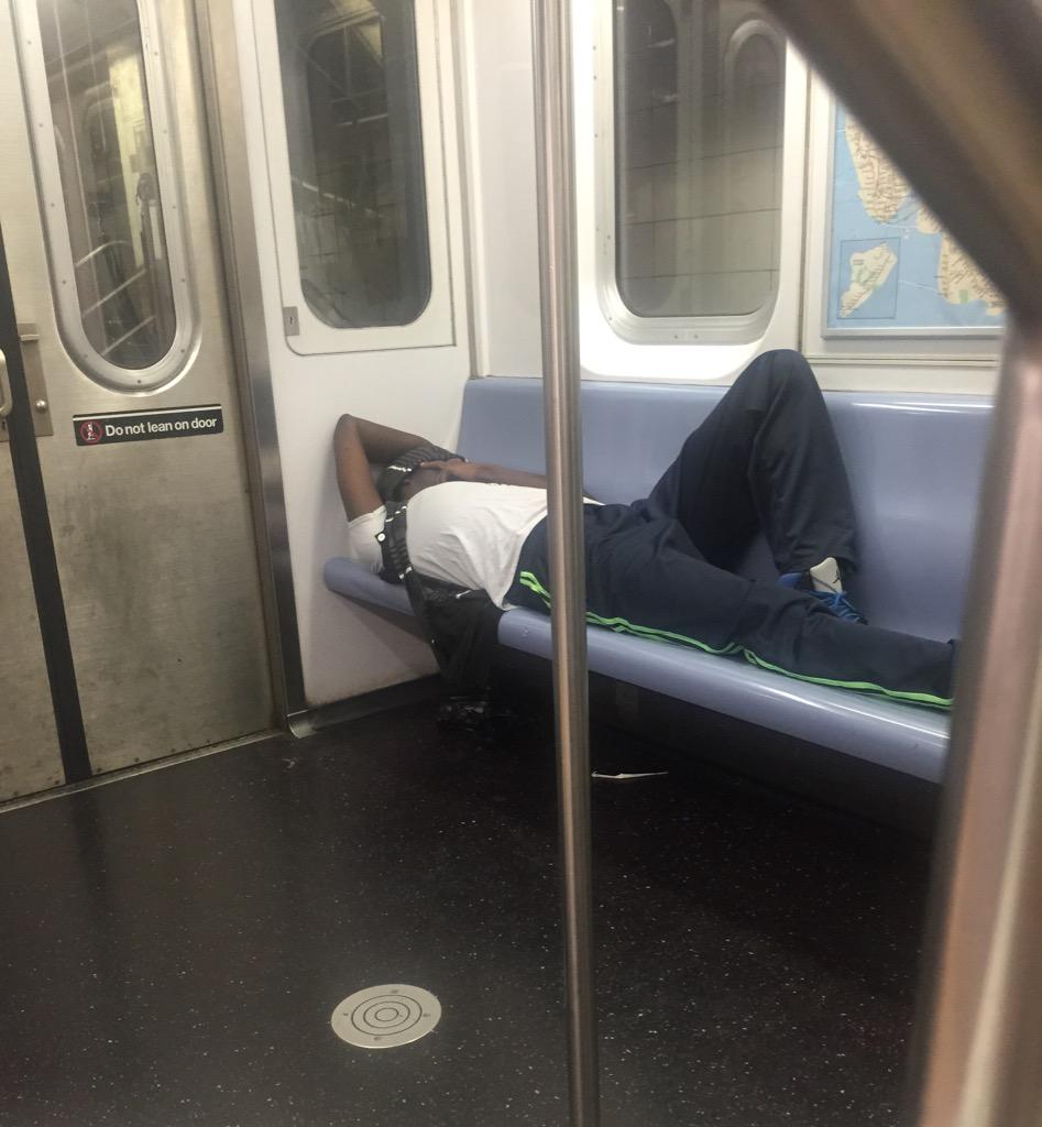 lynn_with_an_A's tweet photo. No no, don't get up. Can I get you a pillow maybe? A fan? #StopTheSpread #MTA #ItsRushHour #SubwayEtiquette101 http://t.co/uRbJ24eoV7