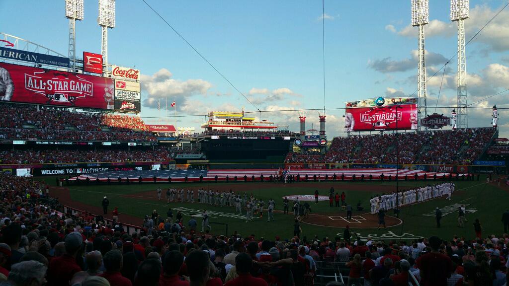 Reds's tweet photo. Welcome to the 86th MLB All-Star  Game at Great American Ball Park. 

PLAY BALL! #ASG  https://t.co/aI99bKUolA http://t.co/d8WA3U0kDb