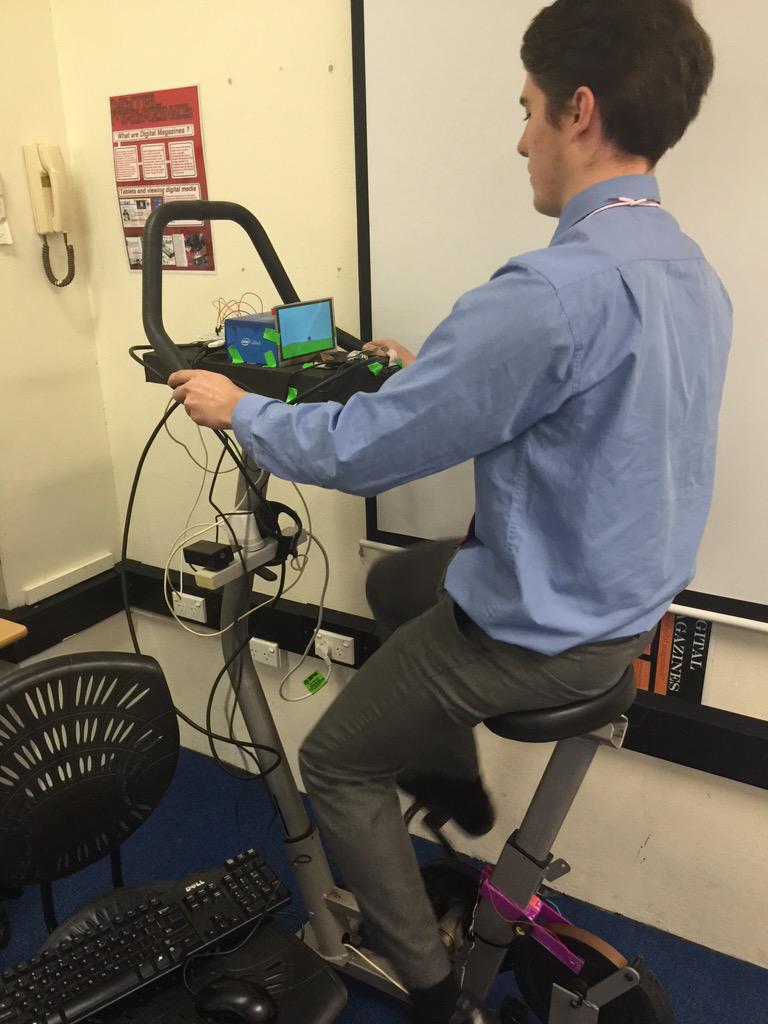 timmiclark's tweet photo. #hackingHardware - @Raspberry_Pi connected to exercise bike. #SDD #OZCSCHAT @fEDsie http://t.co/QdKRFIsWCT