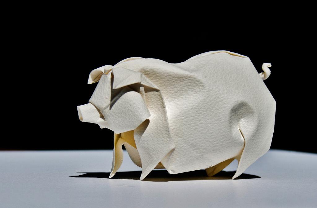 #Origami Pig, wet-folded from 1 uncut square of Arches watercolour paper.