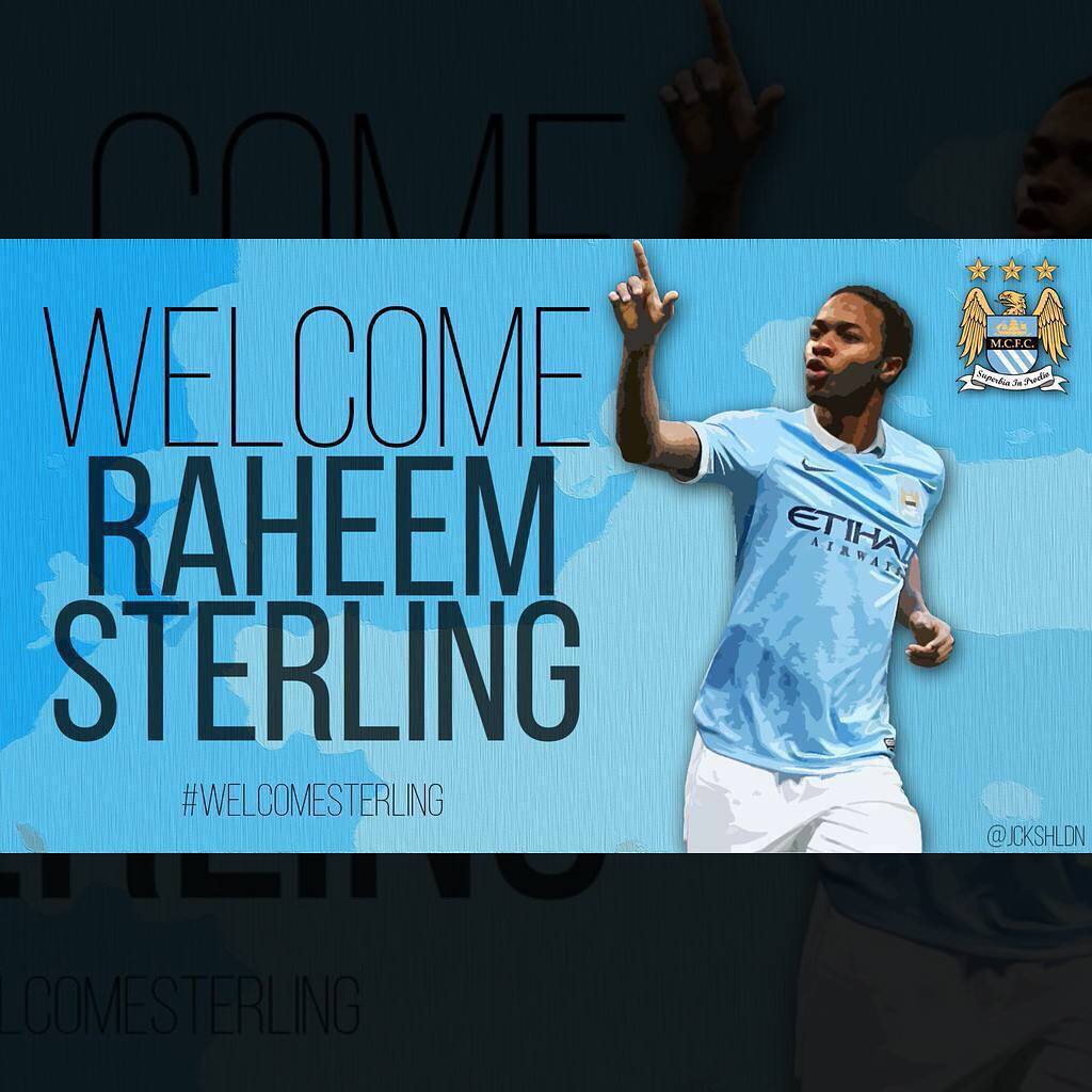DistroBola123's tweet photo. Raheem Sterling resmi menjadi pemain Manchester City dan akan mengenakan jersey no 7 http://t.co/dynE2nPLK7