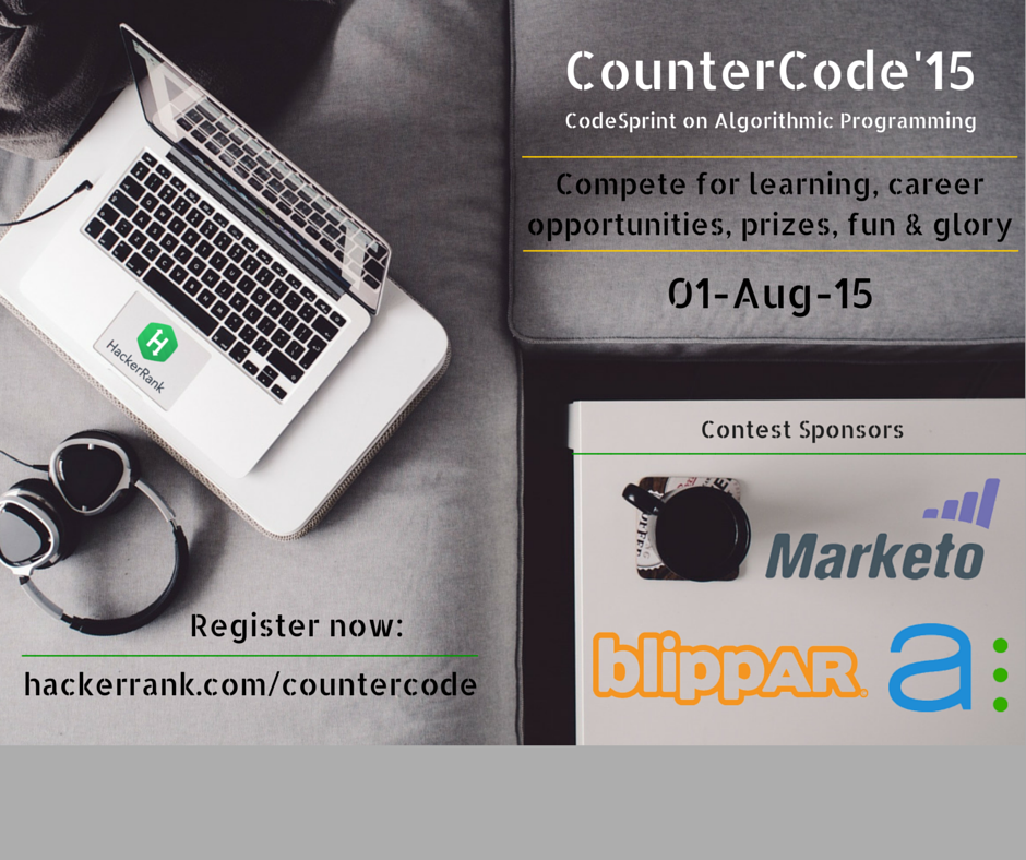 hackerrank's tweet photo. Welcoming #CounterCode's awesome sponsors @asana @blippar @marketo. Register at http://t.co/ICigJf3NE9 to compete! http://t.co/MSd62w6TJo