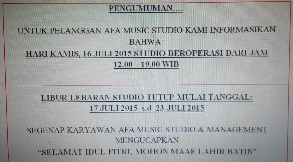 Pengumuman libur lebaran afa music studio
