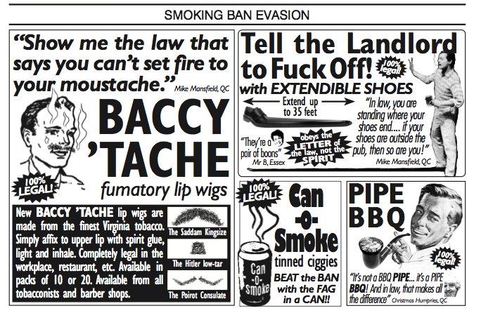 Just reminded of the amazing classified ads Viz ran when the UK smoking ban  went into effect.
