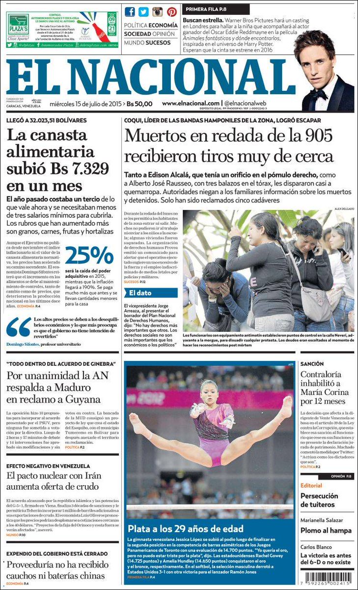 ElNacionalWeb's tweet photo. Buenos días, le presentamos nuestra primera página de este miércoles 15 de julio de 2015 http://t.co/beTC7iUhOA
