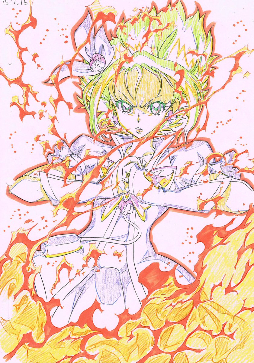 solo hair ornament fire magical girl 1girl short hair serious  illustration images