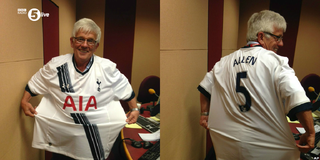 bbc5live's tweet photo. Premier League clubs are now selling replica kits up to XXXXXXL. Here's @petereallen wearing his team's colours. http://t.co/B0b1nr1Bod