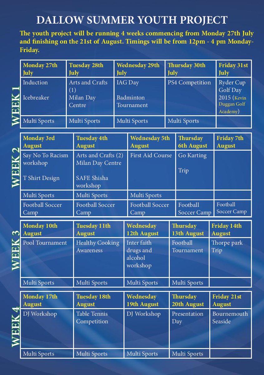 Dallow Youth Project  
Summer Activities for young people  
27th July - 21st August  
12pm-4pm 
Registration Fee £3