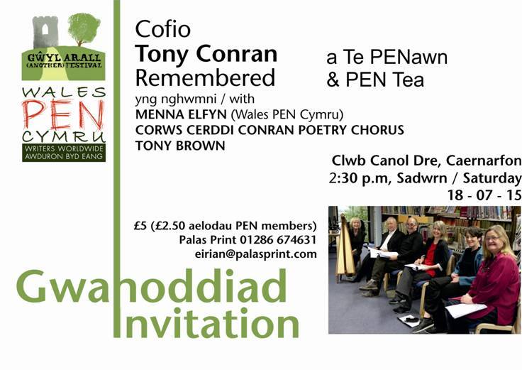 PENWalesCymru's tweet photo. #TonyConran Remembered Clwb Canol Dre Caernarfon Sat 18July 2pm & PEN tea £5 or £2.50 PEN members: tckts @PalasPrint http://t.co/k4azhAql25