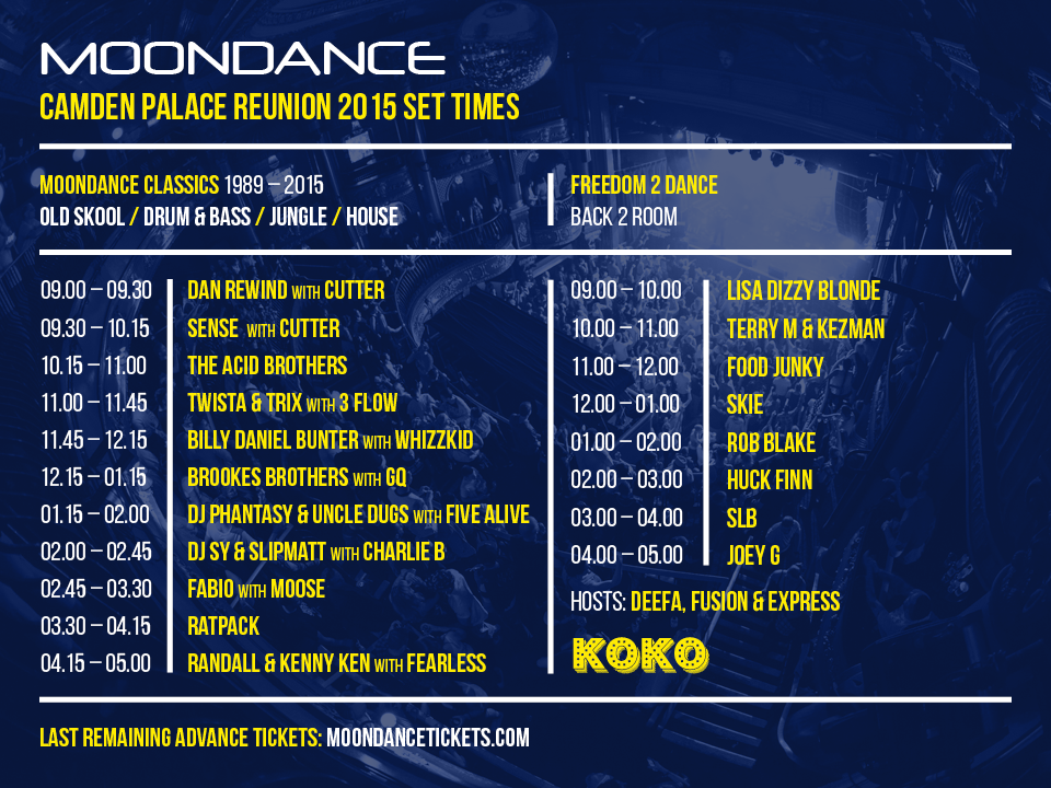 Set times for this Saturday <a href="/MoondanceRavers/">Moondance Events</a> <a href="/KOKOLondon/">KOKO Culture</a> moondancetickets.com