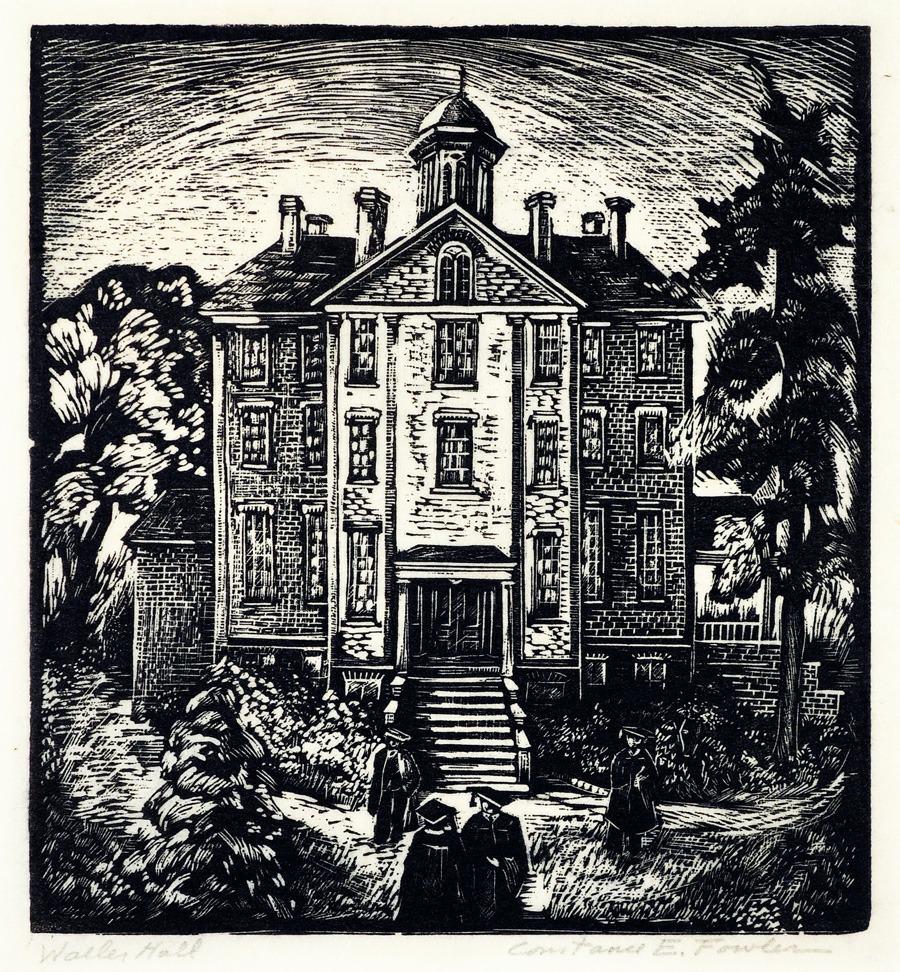 A wood engraving of Waller Hall on the campus of Willamette University by Constance Edith Fowler, 1938-40 (reprinted in 1969).