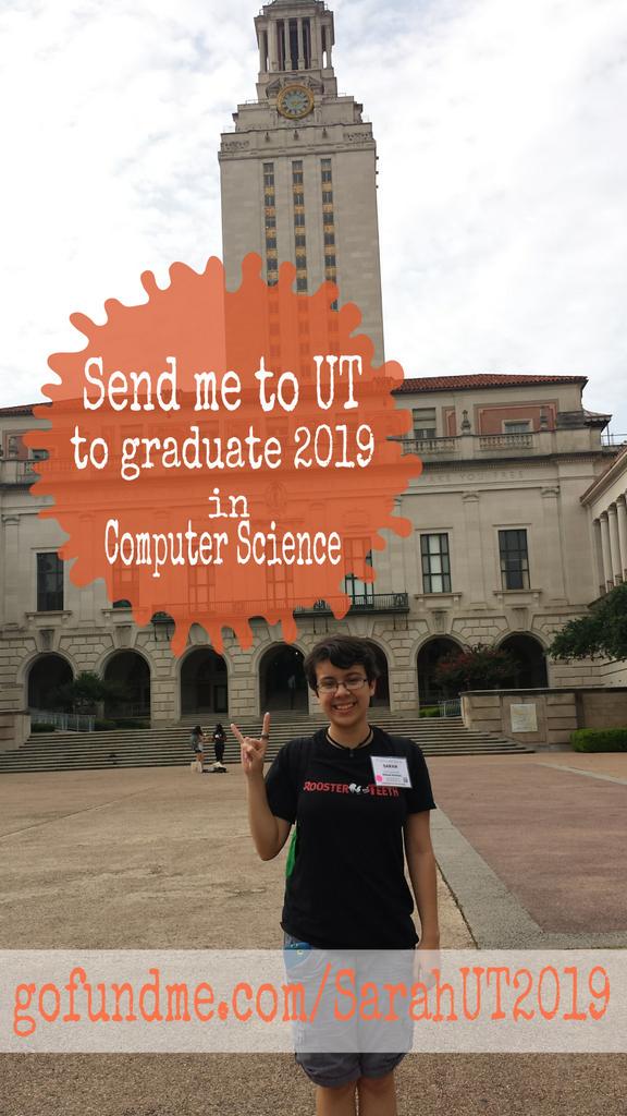 Morning benevolent peeps of twitter. Please RT #SupportFemalesInComputerScience #SarahAtUT gofundme.com/SarahUT2019