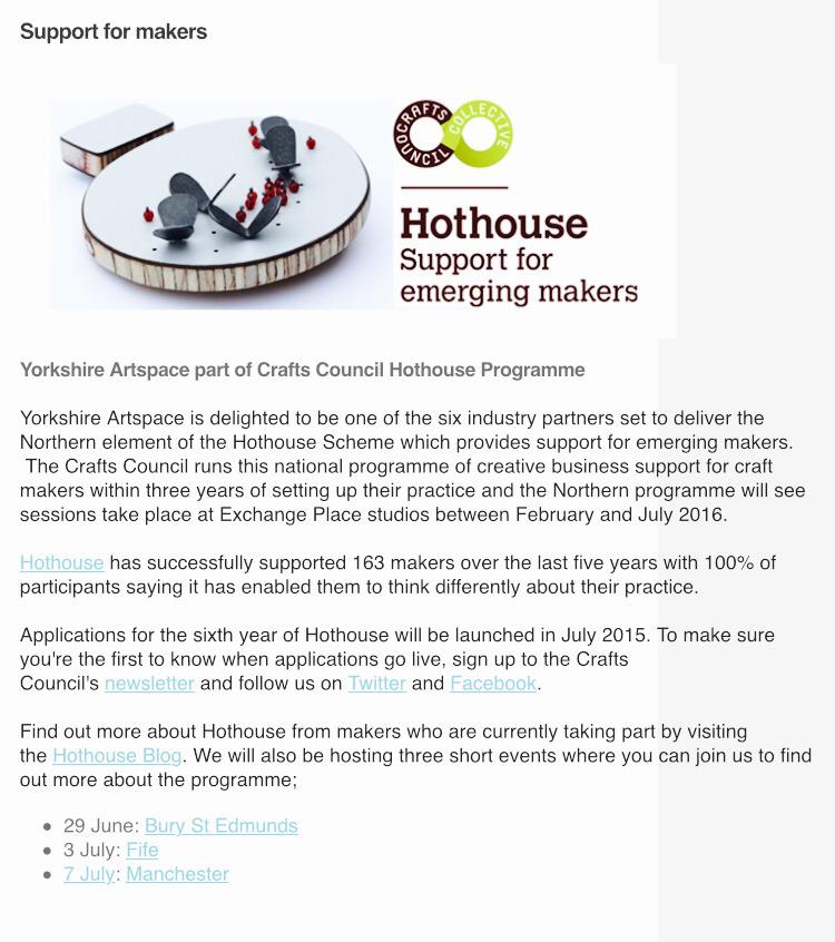 FJenkinson's tweet image. Lovely to see my @CraftsCouncilUK #hothouse5 buddy @emilykidson advertising the hothouse on @YArtspace newsletter!