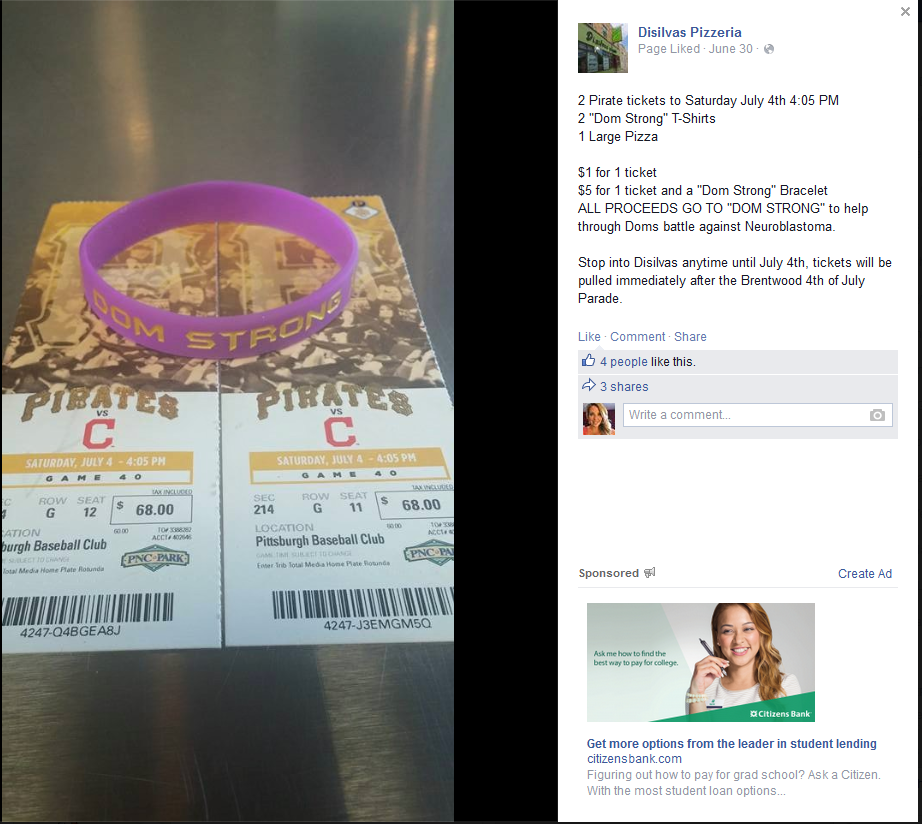 StephOnRecord's tweet image. Disilvas Pizzeria in @brentwoodboro holding auction for 2 @Pirates tickets and large pizza to support #DomStrong!!