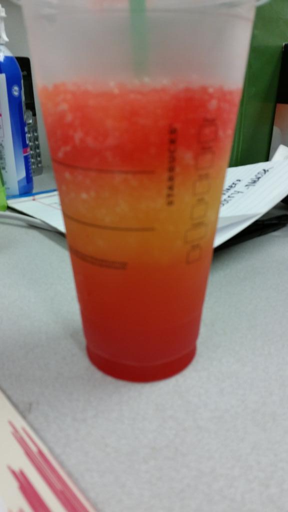 Orange refresher blended with pumps of raspberry and peach on top!!  Super delicious!!