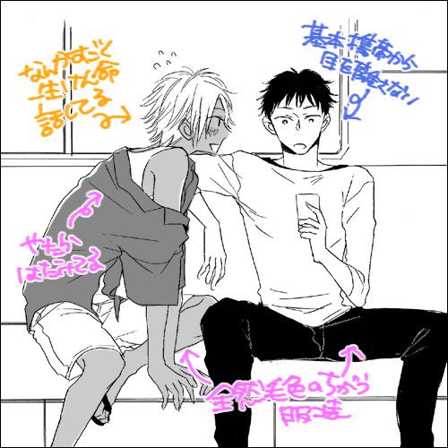 こないだ電車ですごい萌えな男子2人組が目の前に座ってて脳内録画したので描いてみた(◎ω◎  )ギャル男くんがとにかく終始この格好でな。相方の子はドライで全然目を合わしてくれないのにすごい一途に話し掛けたり携帯一緒に覗き込んだりしてた。 