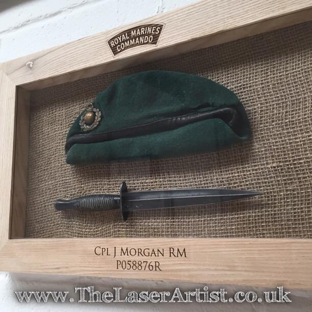 The framed Commando dagger fighting knife and Green beret. Active service over - now time to hang on the wall! RT