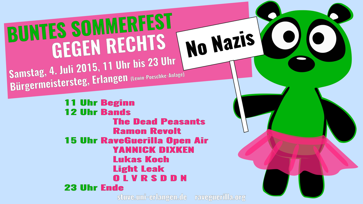 Der Ablauf unseres Bunten Sommerfests gegen Rechts am Samstag, 4.Juli, am Bürgermeistersteg #Erlangen. #NoZwischentag