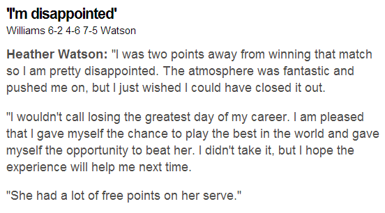 BBCSport's tweet image. Heather Watson in her own words, after an amazing battle v Serena Williams

More here bbc.in/1Kx82cF