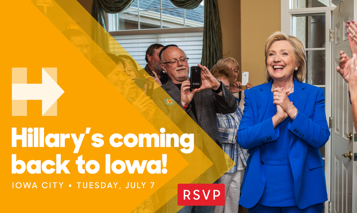 HillaryforIA's tweet photo. Hillary will be back in town next Tuesday! Make sure you RSVP: http://t.co/y73WNyccA2 #Hillary2016 http://t.co/lxR6Zkf5ql