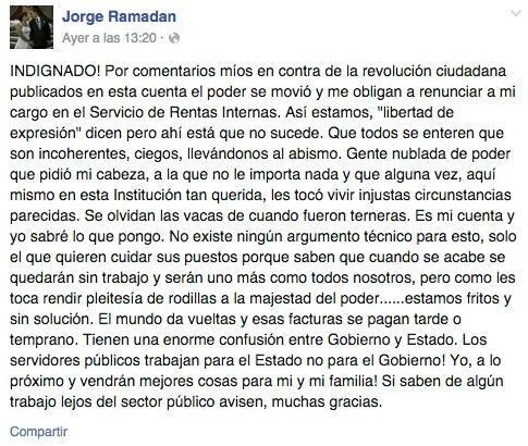 shababaty's tweet photo. FuncionarioPublico denuncia abiertamente despido x criticar a Gob d #Correa
Abusos Chantajes Represalias
#FueraCorrea http://t.co/MvSSEDNtJz