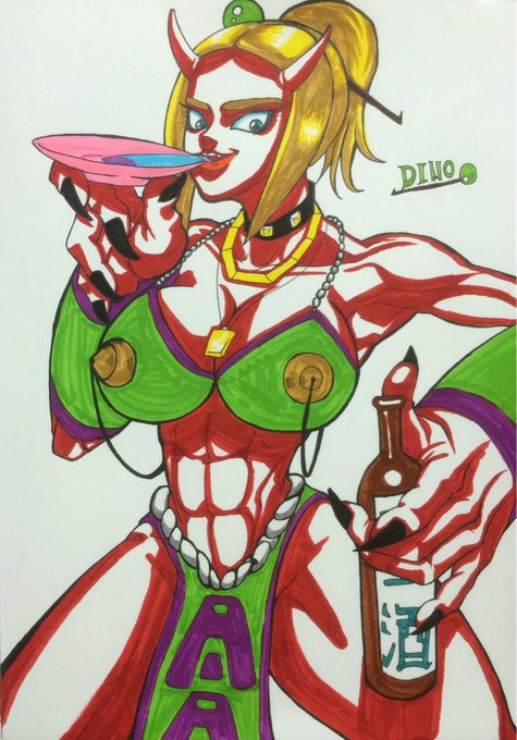 @DINO_0102 
彼女は鬼盗賊団の頭だ
彼女にかかれば金銀財宝を何処からでも手に入れる事が出来る
派手好きな彼女は目立つ事を好む所謂ゴエモンなのだ
奪った物は貧困の集落に"落として"行くだろう
自分の行為と酒に今夜も酔いしれる 