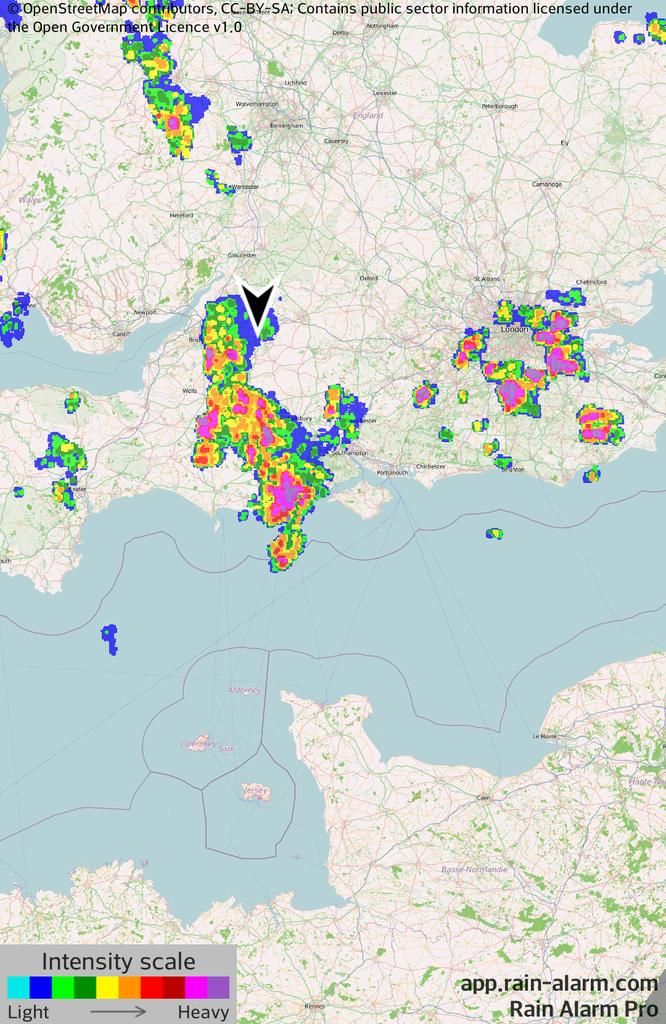 Thunder and lightning moving West to East across the county at midnight. 

Rain Alarm Pro