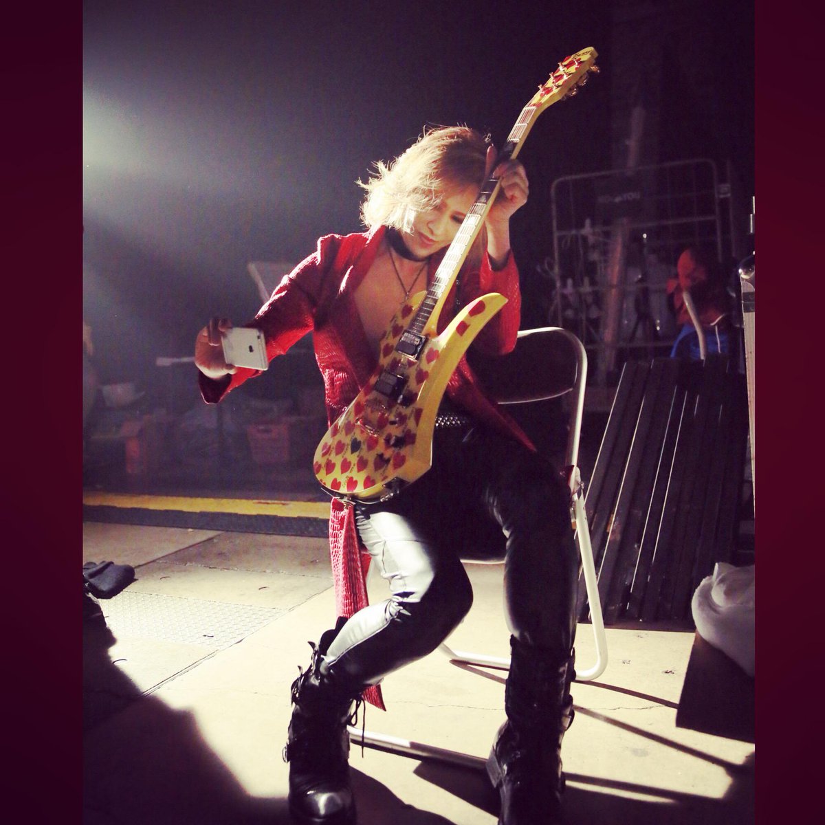 Selfie with #HIDE's guitar. ver2 BTW,I'm appearing at the