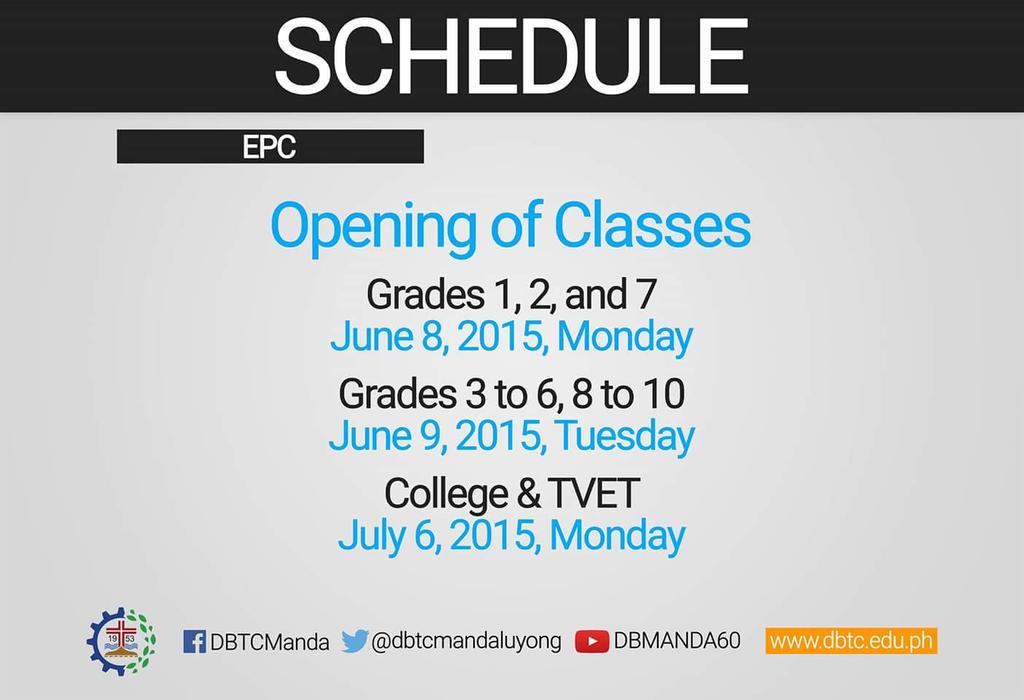 dbtcmandaluyong's tweet photo. COLLEGE & TVET: Classes will begin on July 6, 2015, Monday! See you, Bosconians! #balikbusko http://t.co/GRmzT7jNj1
