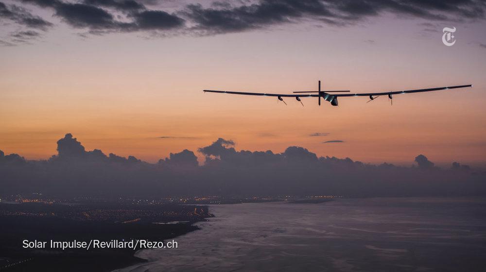 nytimes's tweet photo. A solar-powered plane landed in Hawaii after a record-breaking trip across the Pacific Ocean http://t.co/KdILVw080a http://t.co/s1IjIYhimE