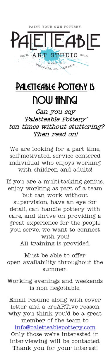 ColorMeMineVict's tweet image. Paletteable Pottery is officially OPEN and we are NOW HIRING!