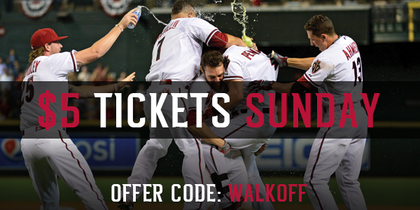 Dbacks's tweet photo. To celebrate tonight's #DbacksWalkoff, we're discounting upper-level tickets to $5 for Sunday!

Offer code: WALKOFF http://t.co/mkyK0sXYCi