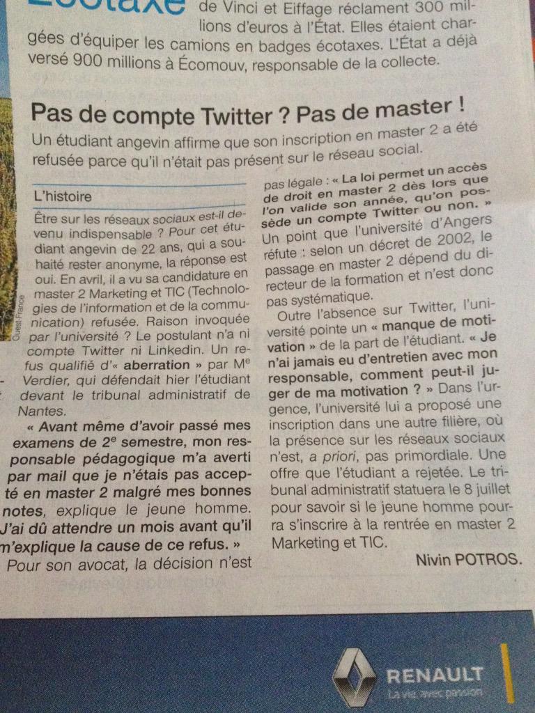 egaucher's tweet image. Un étudiant refusé d'inscription en Master parce qu'il n'a pas de compte Twitter ? 
(dans @OuestFrance)