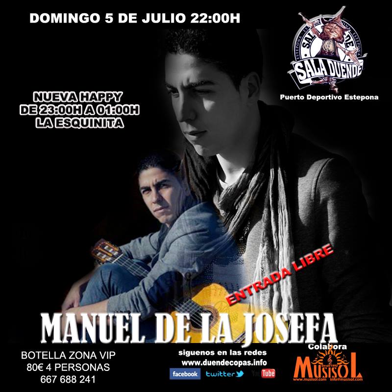 Domingo 5 Julio nos visita <a href="/Manueldelajosef/">Manueldelajosefa</a> para ofrecernos una gran noche flamenca, desde las 22h con entrada libre.
