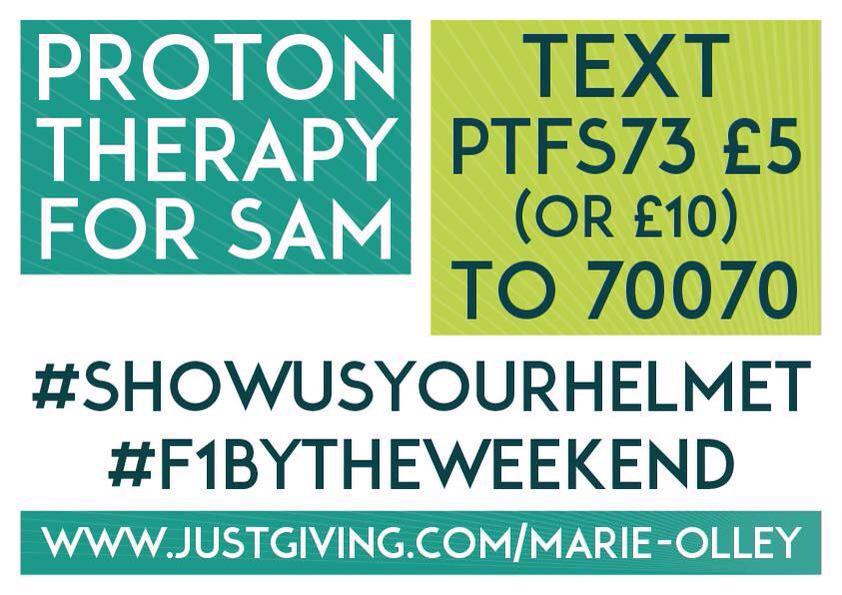 AstonMartinF1's tweet photo. Sam needs support for proton treatment - help us help him! #showusyourhelmet http://t.co/9o3Uh7tWau