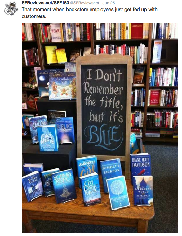 SuzieDayDavies's tweet photo. To all my fellow librarians out there. To the general public? It also counts when the book it red... #libproblems http://t.co/K42fKMcMRq