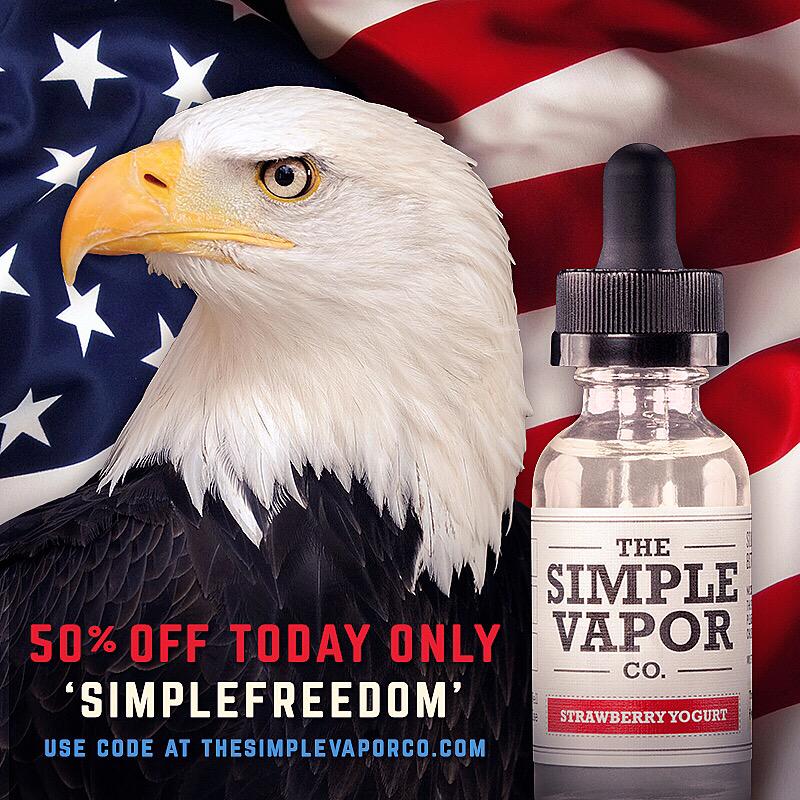 SimpleVaporCo's tweet photo. Bless this country. Take 50% OFF SITEWIDE today only with promo code 'SimpleFreedom' at http://t.co/ewmebsS4hj! #vape http://t.co/JqAsS0xkRM