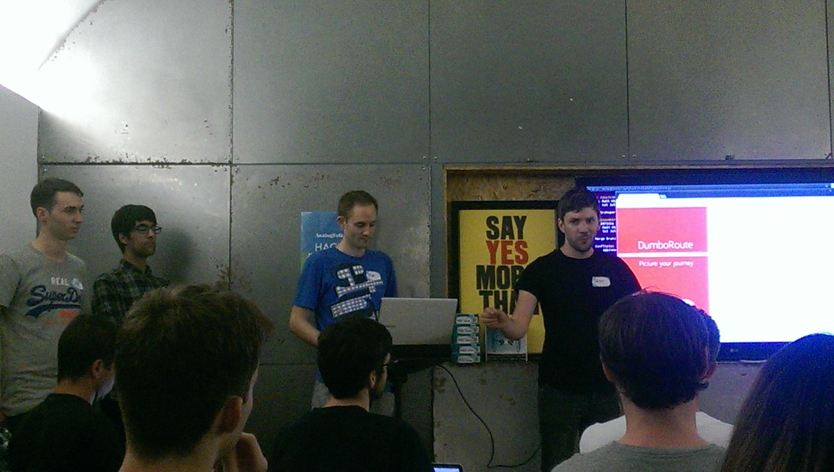 AnalogFolk's tweet photo. Team #DumboRoute up next for their #AFHackFestival pitch. Focus on the ability to visualise journey via #StreetView http://t.co/K11sNuKUFd
