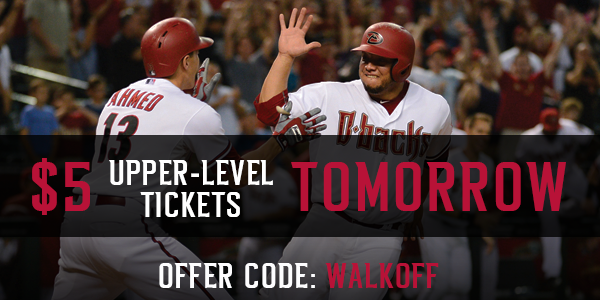 Dbacks's tweet photo. Celebrate last night's #DbacksWalkoff with discounted $5 upper-level tickets for Sunday's game!

Offer code: WALKOFF http://t.co/1ZgUASKbki