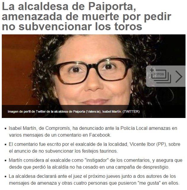Alcaldesa de Paiporta, d <a href="/CompromisPaipor/">Compromís Paiporta</a>, amenazada de muerte por el exalcalde(PP) x pedir no subvencionar los toros
