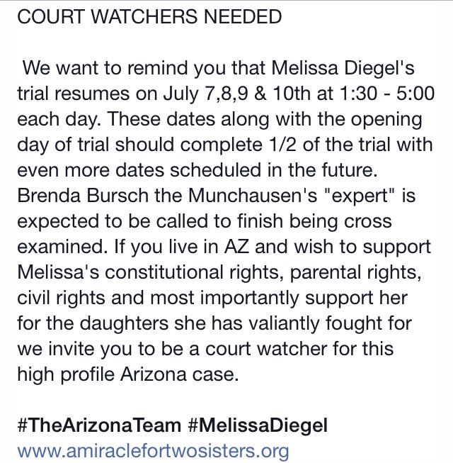 jftsisters's tweet image. COURT WATCHERS NEEDED FOR #MelissaDiegel CASE  @OpExposeCPS #opexposecps @OpCPS #opcps #taken @opEXPOSE