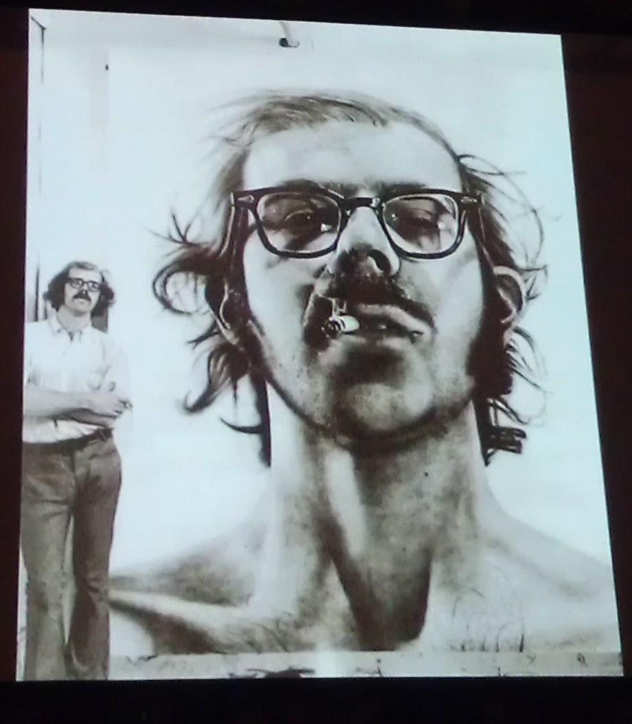 Happy birthday to American painter & photographer Chuck Close! Here he is in front of \Big Self-Portrait\, 1968. 